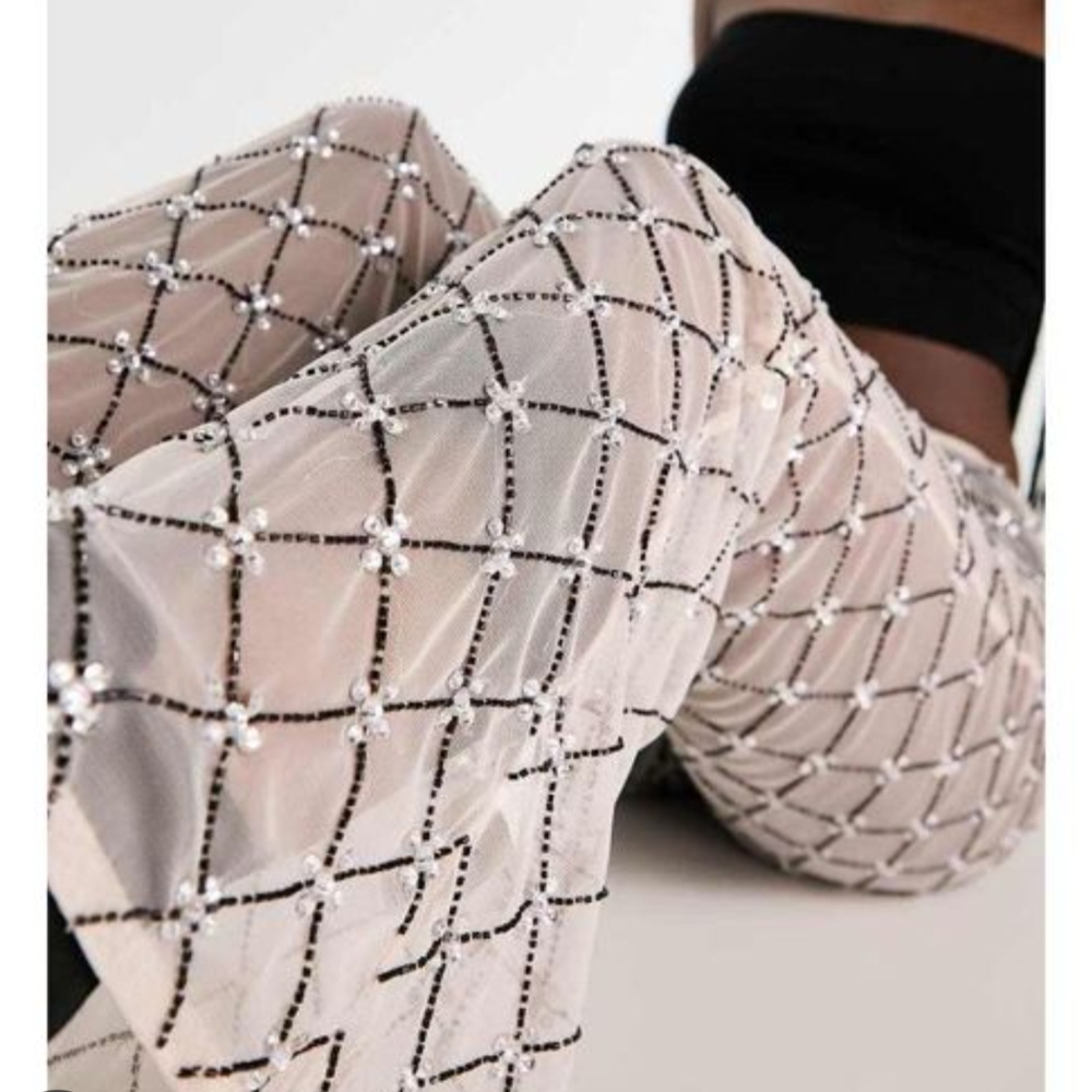 NWT SET ASOS Design Feather Trim Corset Crop Top & Diamante Mesh Flare Pant 6 US - Picture 6 of 11